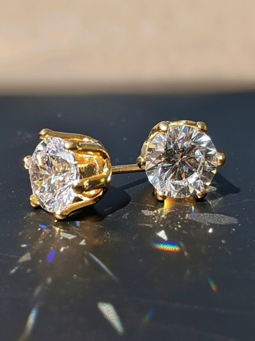 Vintage 14K Gold Overlay 6mm Crystal Stud Earrings – 6-Prong VVS Style Gift